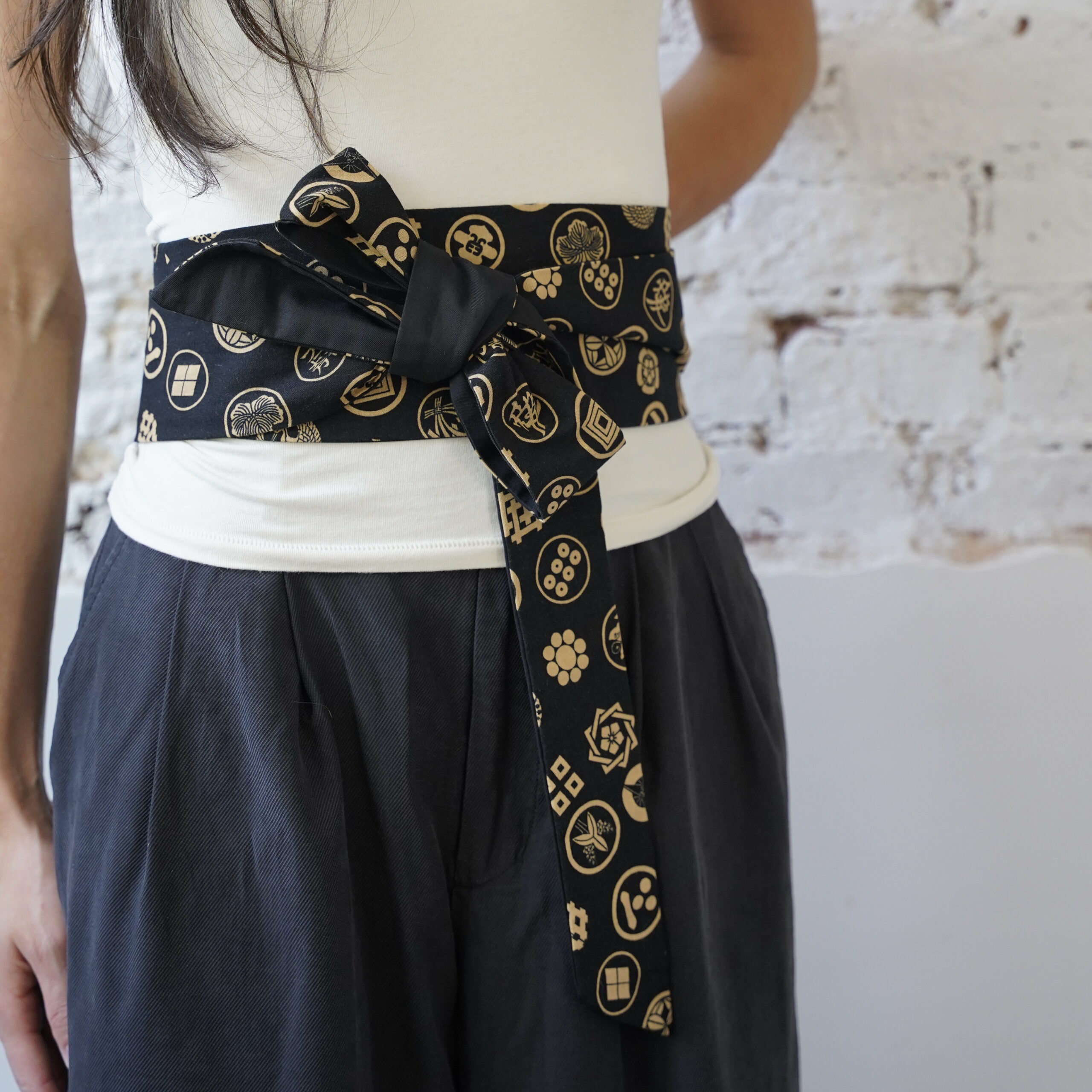 OBI BELT Japanese cotton kamon black